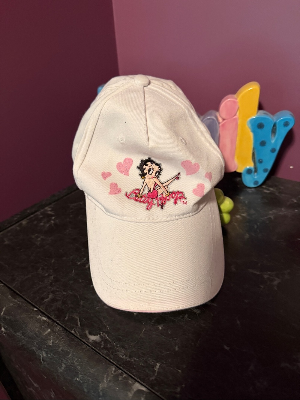 Betty Boop White Baseball Cap with Pink Hearts and Embroidered Character